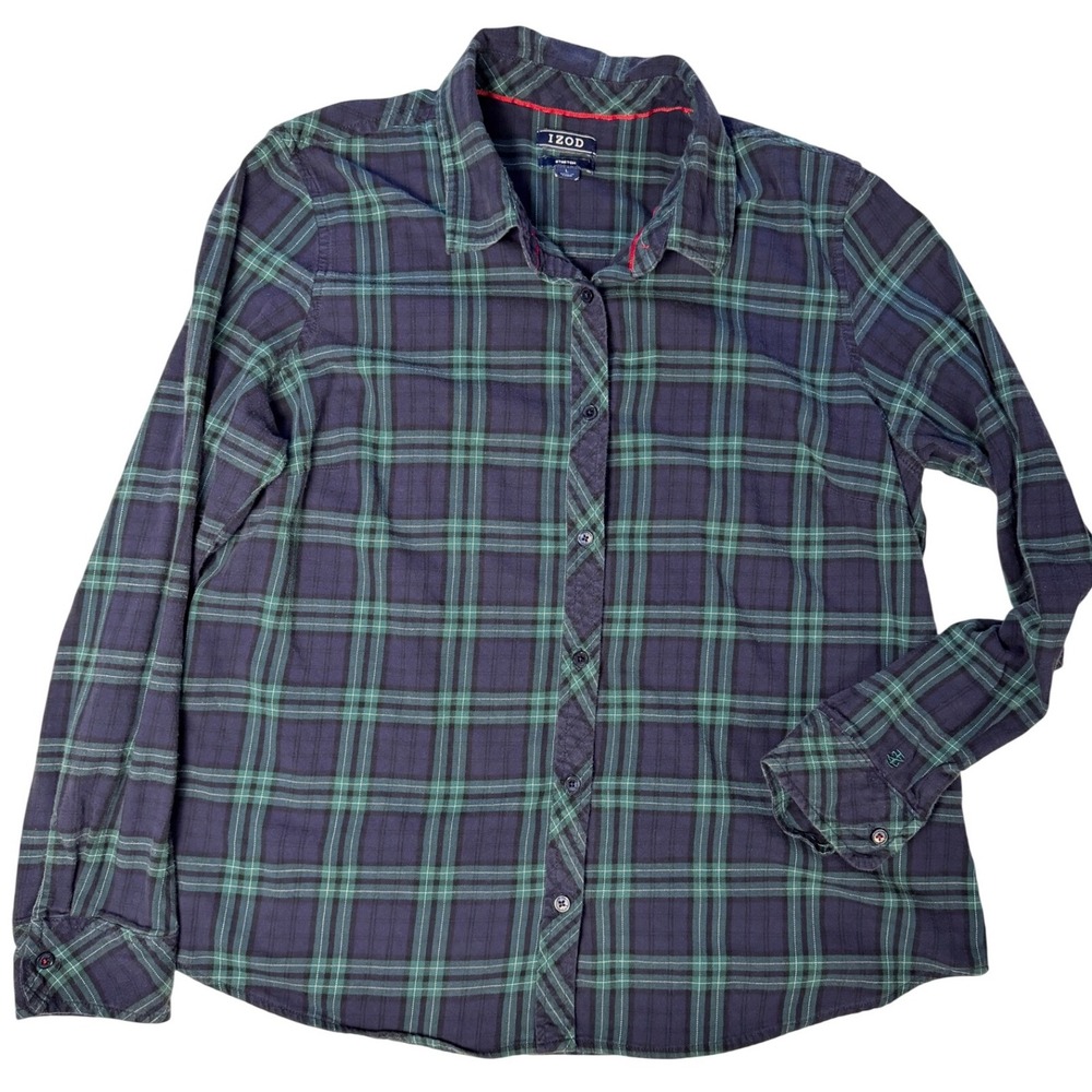 IZOD Womens Plaid Flannel Button Down Shirt Navy Blue Green Stretch Size L